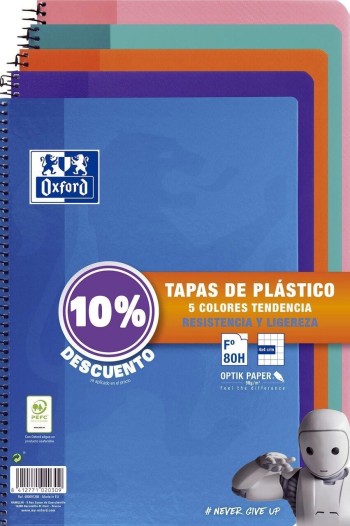 PACK 5 BLOCS Fº TAPA PLÁSTICO CUADRO 4X4 80H COLORES TENDENCIAS OXFORD 400091366