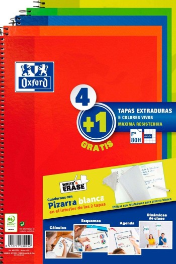 PACK 4+1 BLOCS Fº TAPA EXTRADURA PIZARRA CUADRO 4X4 80H COLORES VIVOS OXFORD 400122761