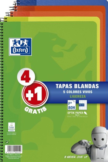 PACK 4+1 BLOCS Fº TAPA BLANDA CUADRO 4X4 80 HOJAS COLORES VIVOS OXFORD 400027271