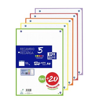 RECAMBIO A4 CUADRO 5 COLORES VIVOS 100+20H OXFORD 310