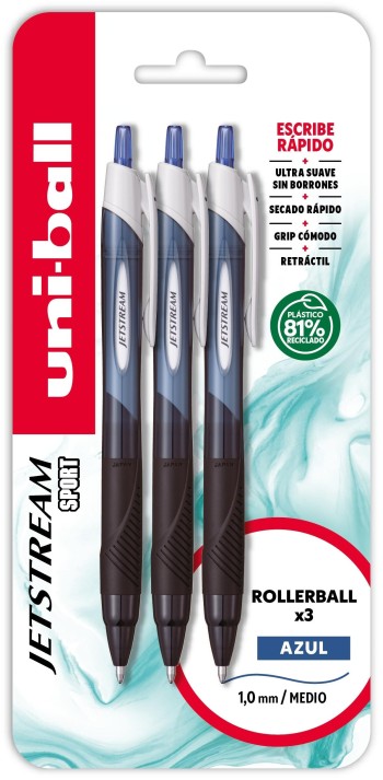 BLISTER 3 BOLIGRAFOS AZUL ROLLER PUNTA 1,0MM JETSTREAM SPORT UNI-BALL SXN-150 3A