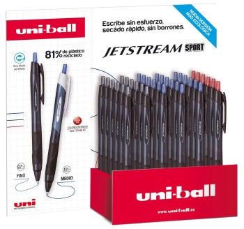 EXPOSITOR 36 BOLIGRAFOS 18 AZUL+12 NEGRO+6 ROJO  ROLLER PUNTA 0,7MM JETSTREAM SPORT UNI-BALL SXN-157E S