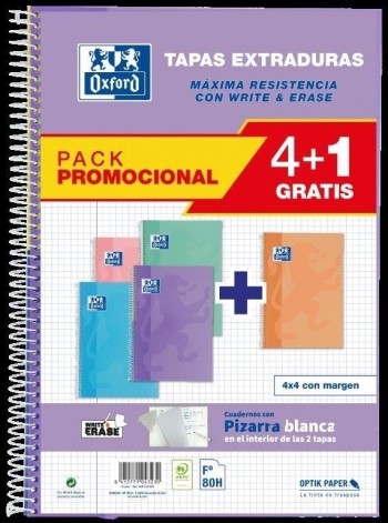 PACK 4+1 BLOCS Fº TAPA EXTRADURA PIZARRA CUADRO 4X4 80H COLORES TENDENCIA OXFORD 400122766